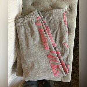 White Fox Boutique Gray Pants with Pink Lettering